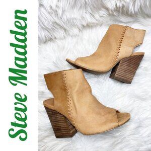 STEVE MADDEN MINGLE TAN LEATHER OPEN TOE OPEN HEEL BLOCK HEEL BOOTIE, SIZE 8